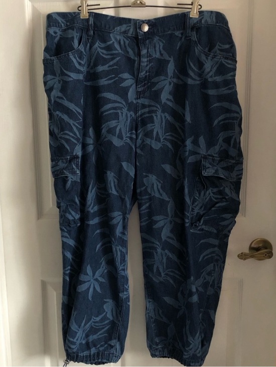 Lane Bryant Denim - Lane Bryant jeans cargo parachute baggy denim blue leaf pattern Petite Plus 22P